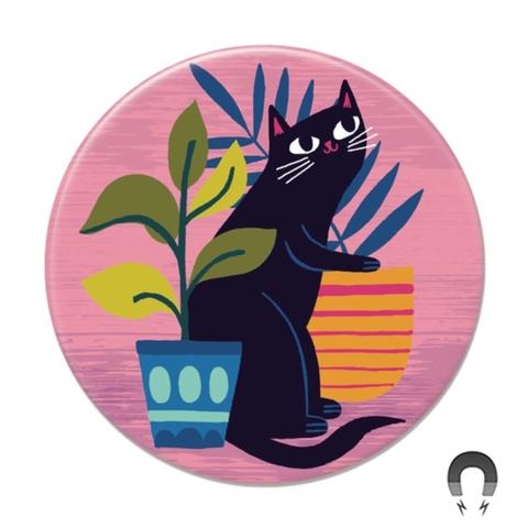 Black Cat with Plants Magnet by Badge Bomb