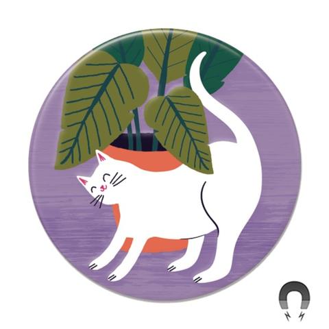 White Cat with Plants Magnet by Badge Bomb