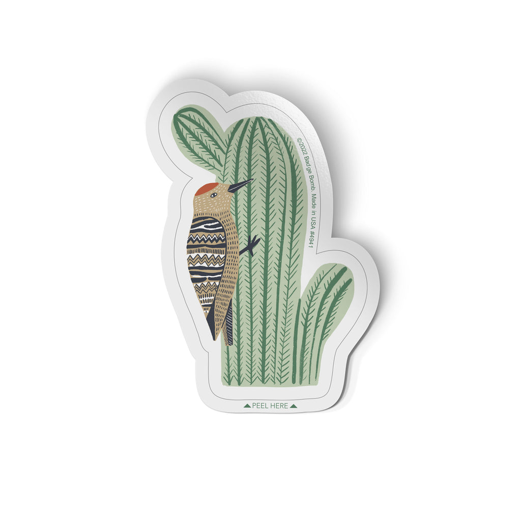 Woodpecker and Cactus Sticker by Badge Bomb