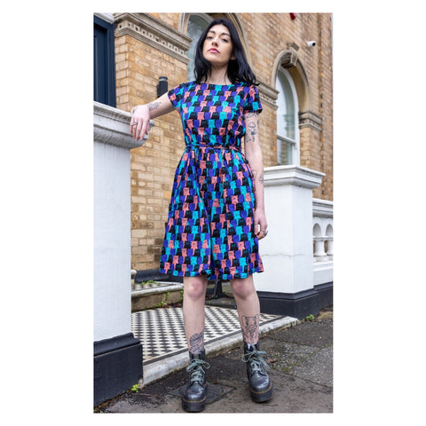 Cat Chorus Belted Tea Dress
