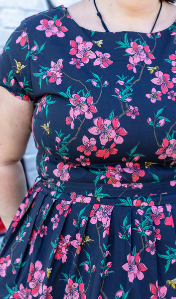 Cherry Blossom Black Belted Tea Dress