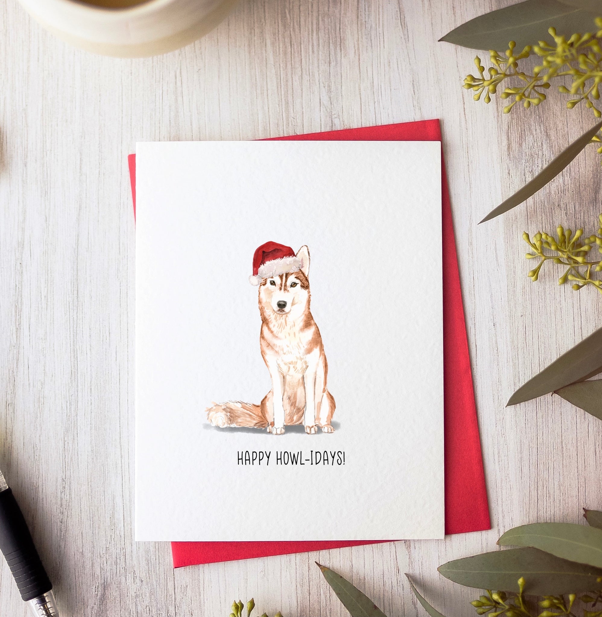 Siberian Husky Red Christmas Card by Driven To Ink